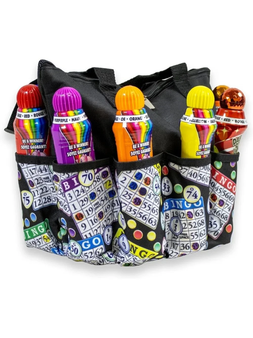 Stylish Black Pattern Tote Bag with 10 Pockets for Bingo Daubers & Accessories